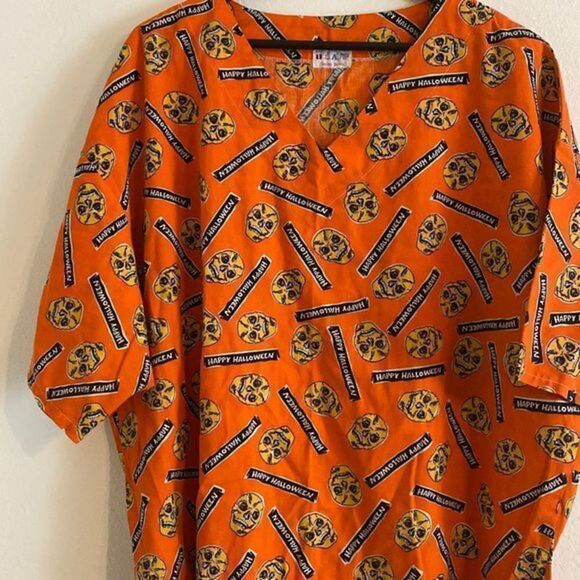 Like new Happy Halloween Orange Skulls Scrubs Unisex Top - Picture 6 of 6